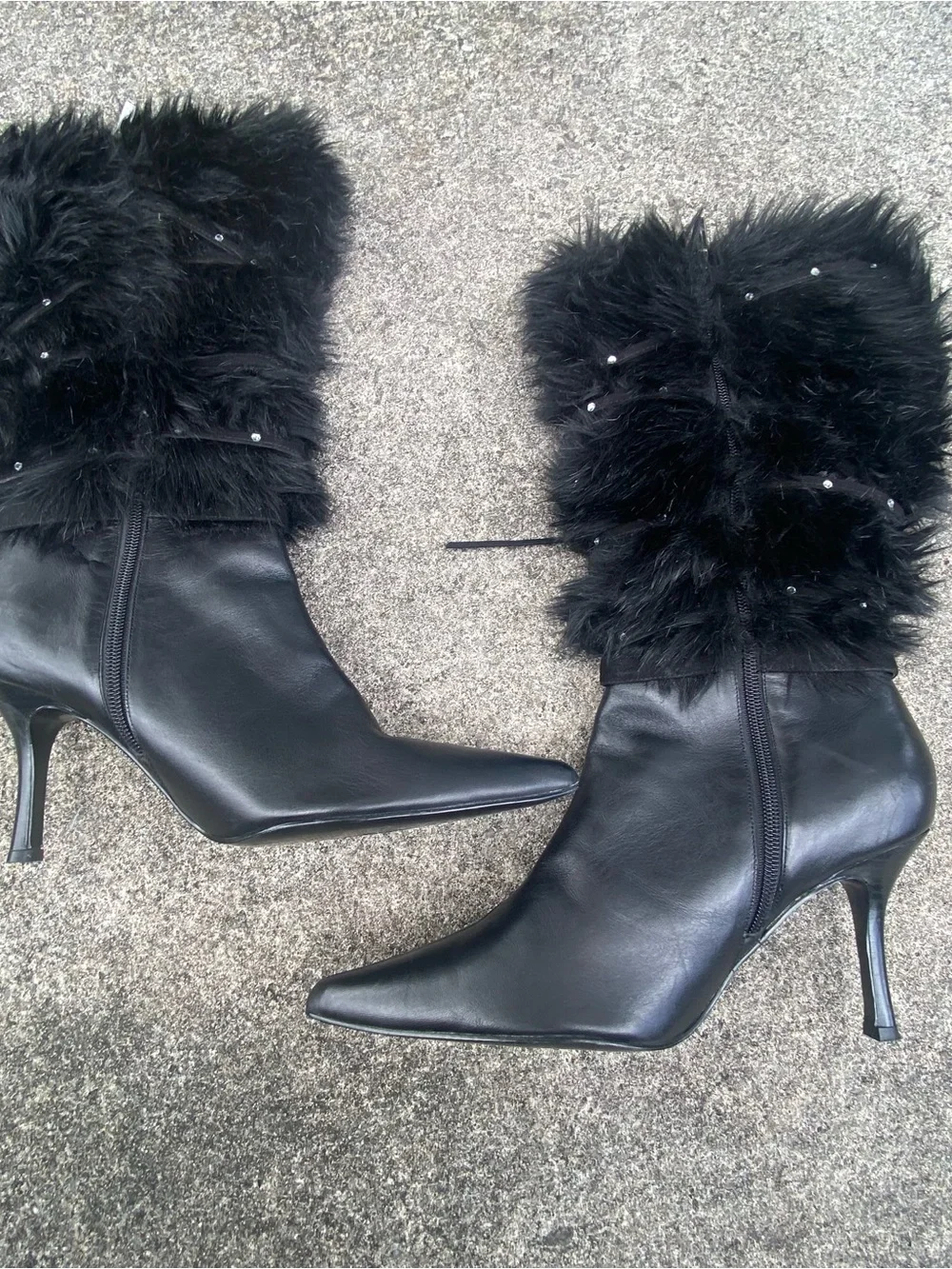 Y2K Black Leather & Fur Rhinestone Stiletto Boots Size 10 - Picture 3 of 8